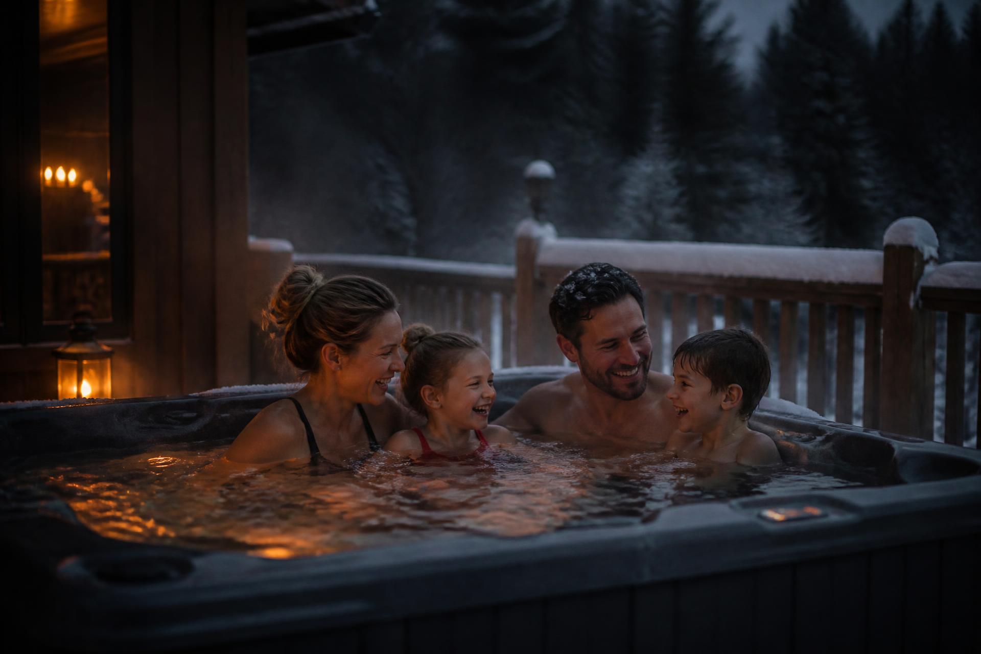 A family laughing together in a warmly lit hot tub on a snowy cedar deck at dusk