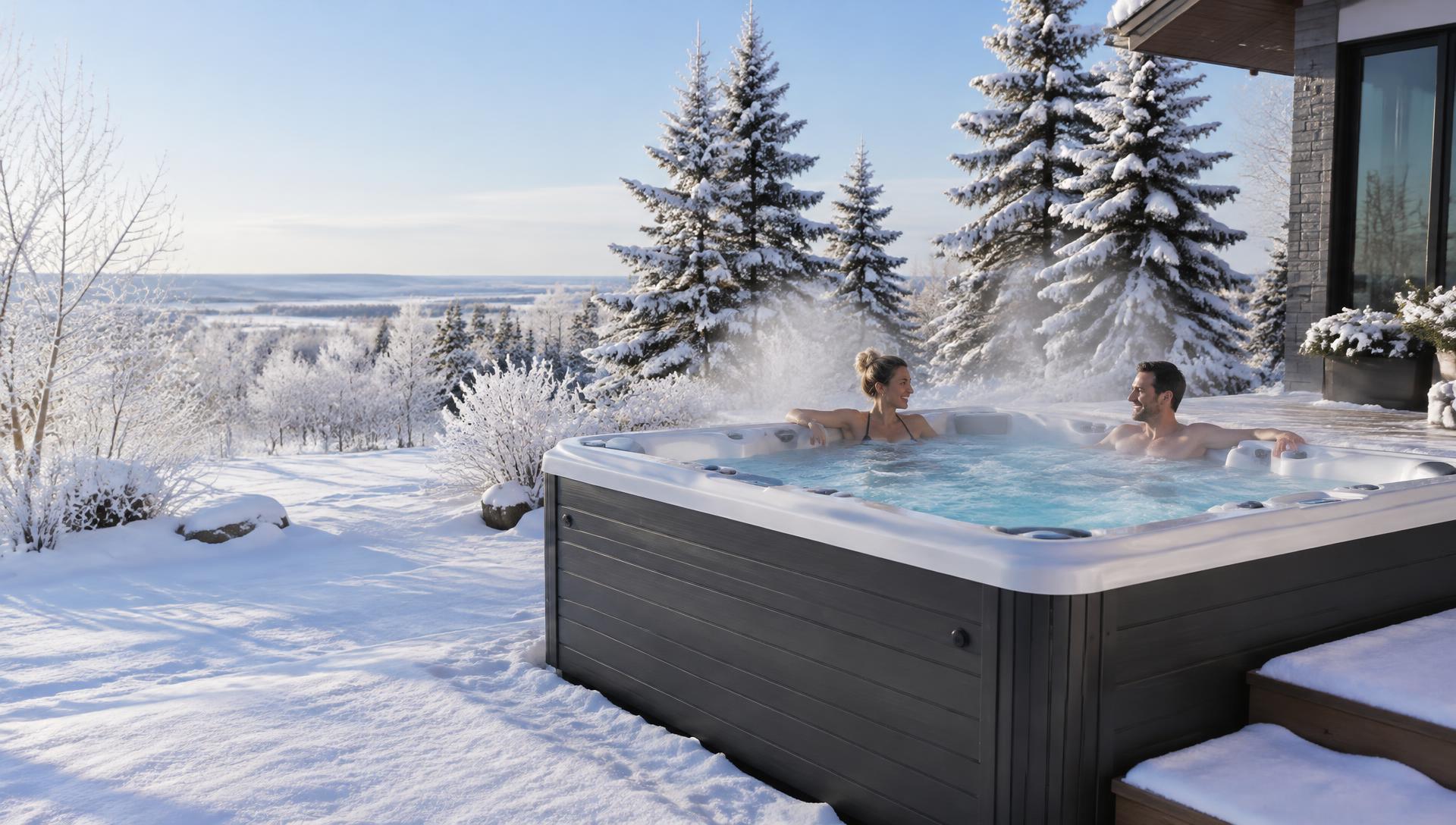 Two adults relaxing in a steaming modern acrylic hot tub beside a snow-covered Saskatchewan garden