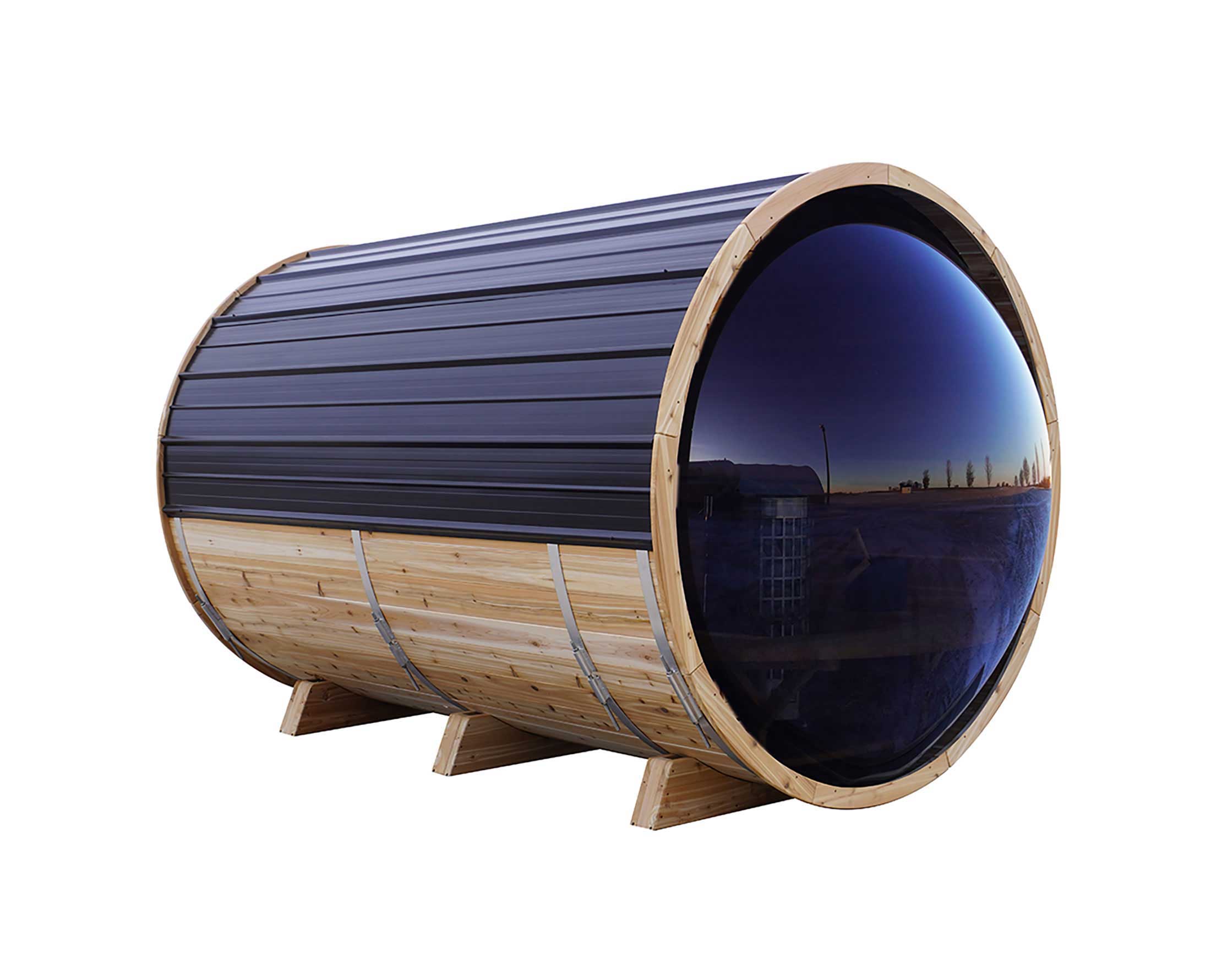 Side view of the Northern Leisure Panoramic Barrel Sauna 8' with Porch cabinet